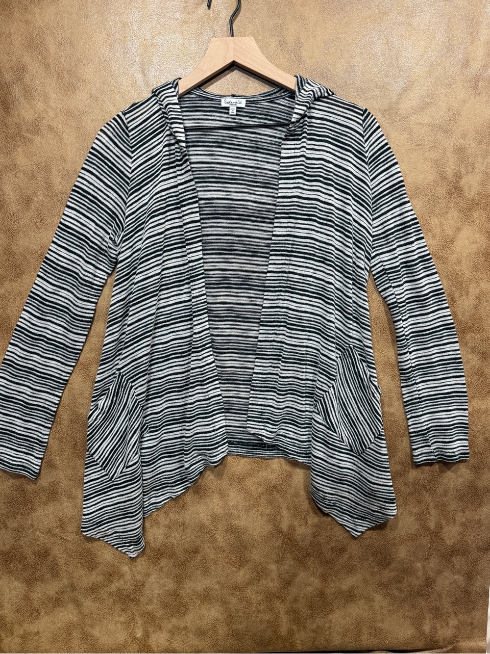 Splendid Women’s M Striped Hooded Open Front Cardigan Black White